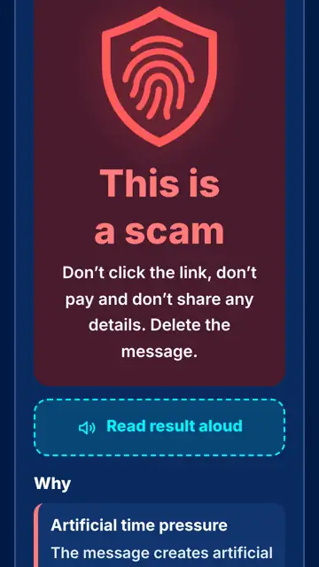 Result screen: scam detected
