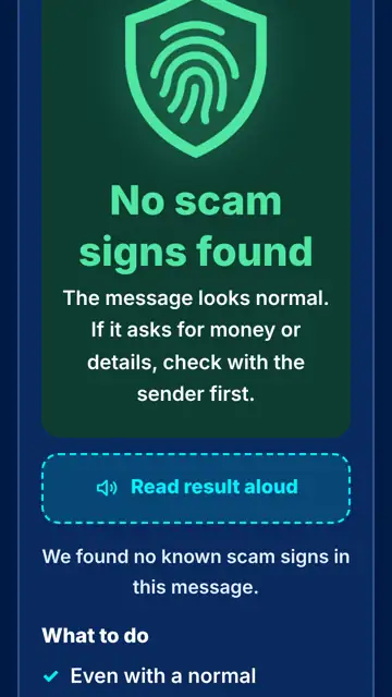Result screen: no signs of a scam